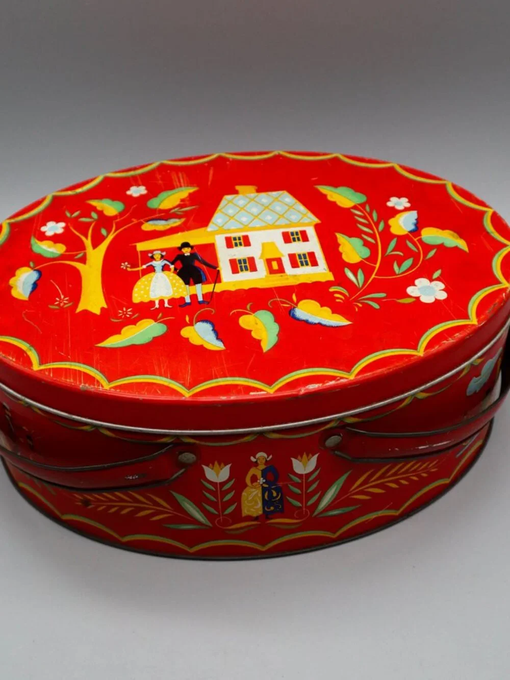 Vintage Pennsylvania Dutch Folk Art Storage Tin Sewing Basket w/ Swivel Handles